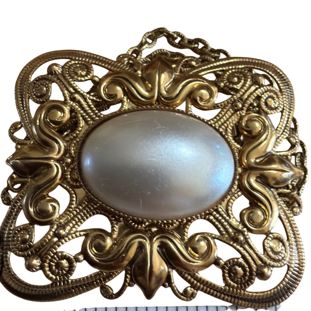 Vintage Gold Tone Filigree Faux Pearl Draped Chain Brooch Pin Victorian Style